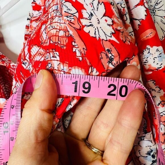 Free People Pink Red White Floral Crop Puff Blouson Sleeve Blouse - Picture 9 of 10